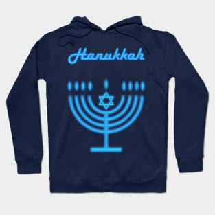 Neon Menorah Jewish Holiday Hanukkah Party Decoration with traditional Chanukah symbol hanukkiah menorah candlestick with candles, star of David Hoodie